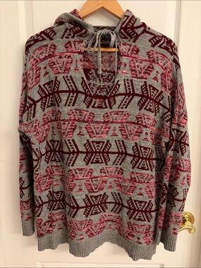 American Eagle Outfitters Hooded Aztec Knit Sweater - Gray, Burgundy & Pink